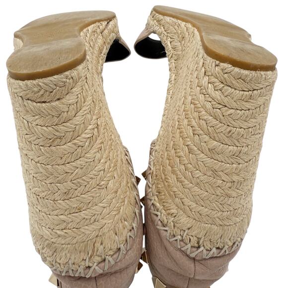 Valentino Rockstud Espadrille Wedge Sandals Nude Poudre Leather Size 40 US 10 - Picture 9 of 16